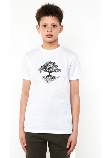 Silhouette Tree Baskılı Unisex Çocuk Beyaz T-Shirt