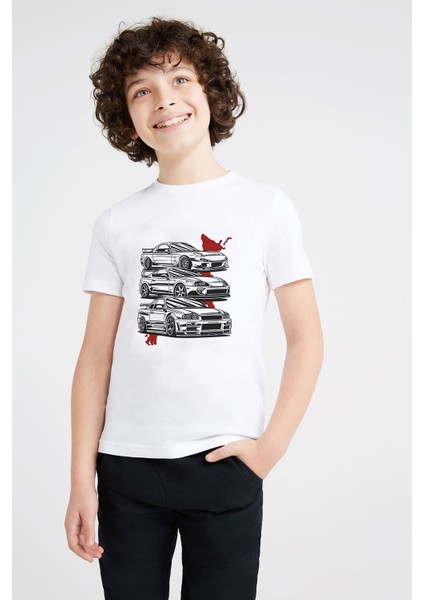 Nissan Skyline R34 Gtr Toyota Supra Baskılı Unisex Çocuk Beyaz T-Shirt