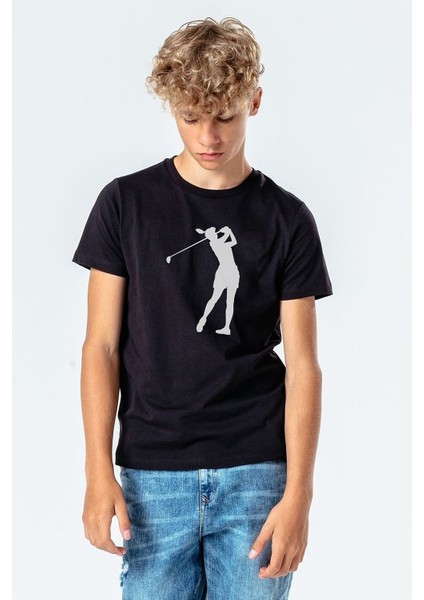 Silhouette Golf Baskılı Unisex Çocuk Siyah Tshirt