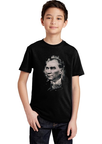 Ulu Önder Gazi Mustafa Kemal Atatürk Portre Baskılı Çocuk Örme Siyah Tshirt T-Shirt Tişört