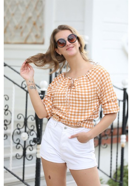 Bağlama Detaylı Crop Bluz 1736 Sarı S