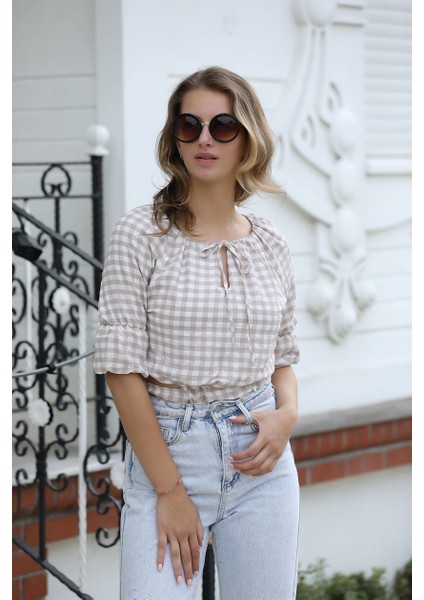 Bağlama Detaylı Crop Bluz 1736 Vizon S