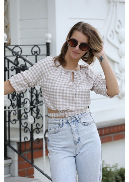 Bağlama Detaylı Crop Bluz 1736 Vizon S modelleri