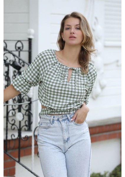 Bağlama Detaylı Crop Bluz 1736 Yeşil S