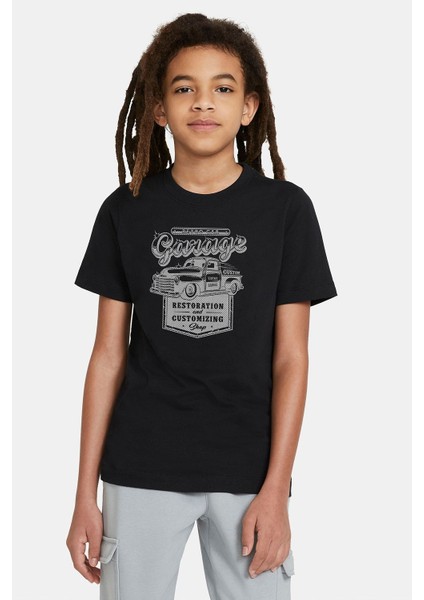 Retro Car Araba Baskılı Unisex Çocuk Siyah T-Shirt