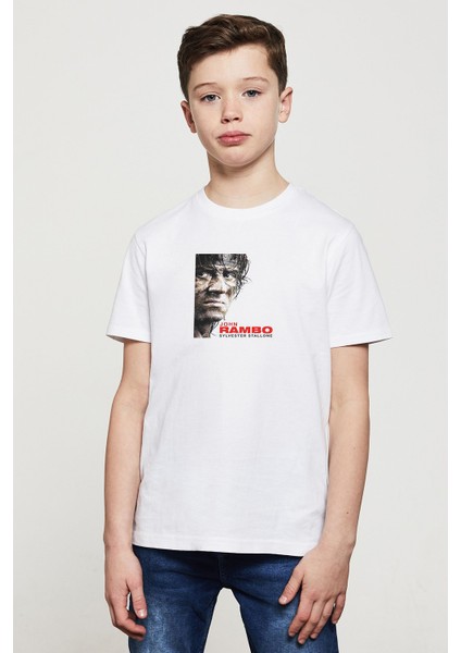 John Rambo Sylvester Stallone Baskılı Unisex Çocuk Beyaz T-Shirt