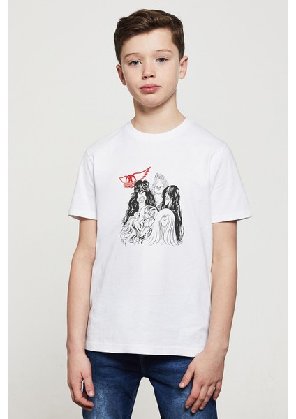 Aerosmith Hard Rock Rock And Roll Baskılı Unisex Çocuk Beyaz T-Shirt