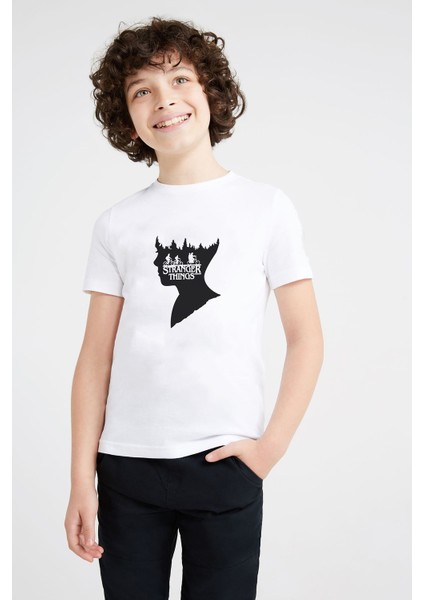 Stranger Things Baskılı Unisex Çocuk Beyaz T-Shirt