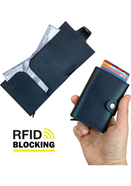 Angora - Rfid Korumalı Kağıt Para Bölmeli Kişiye Özel Mekanizmalı Lacivert Cüzdan/Akıllı Kartlık