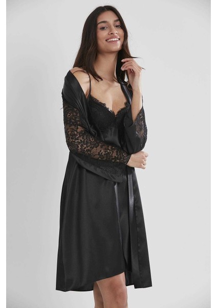 2'li 4025 Siyah Bayan Saten Gecelik Sabahlık Takımı fiyatları