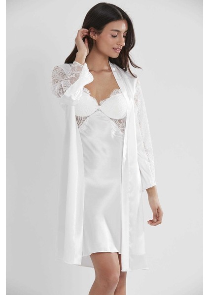 2'li 4025 Ekru Bayan Saten Gecelik Sabahlık Takımı