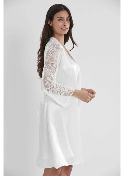 2'li 4025 Ekru Bayan Saten Gecelik Sabahlık Takımı modelleri