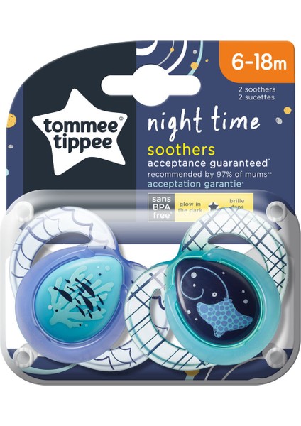 Tommee Tippee 2x Gece Emzik 6-18 Ay Turkuaz