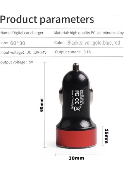 12V-24V Çift USB Araç Hızlı Şarj Cihazı - Kırmızı (Yurt Dışından)