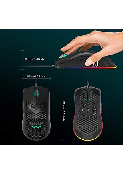 Coverzone AJ390R  Kablolu Işıklı Rgb Ultra Hafif 10.000 Dpı Oyuncu Mouse Siyah