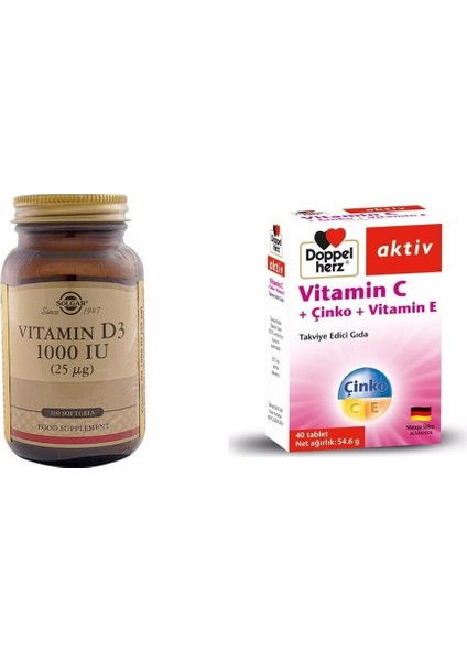 Vitamin D3 1000 Iu 100 Kapsül + Doppelherz Aktiv Vitamin C Çinko Vitamin E 40 Tablet
