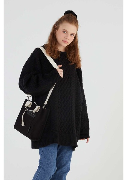 Deri Detaylı Tote Bag Siyah