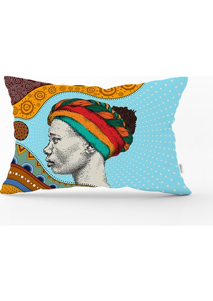 Real Homes Etnik Türbanlı Afrika Kadın Tasarımlı Dijital Baskılı Dekoratif Dikdörtgen Kırlent Kılıfı