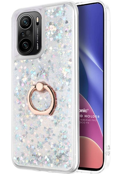 Xiaomi Poco F3 Kılıf Glitter Liquid Holder Gümüş