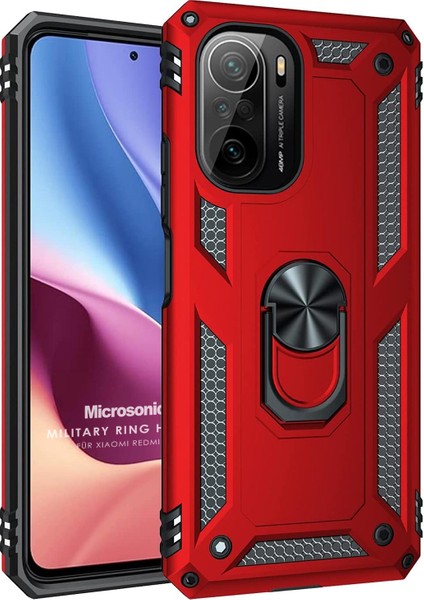 Xiaomi Redmi K40 Kılıf Military Ring Holder Kırmızı