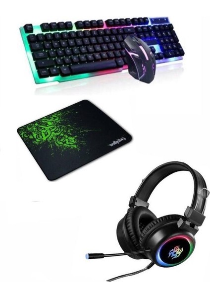 4in1 V5 Profesyonel Işıklı Oyuncu Kulaklığı+Rgb Klavye Mouse Seti+Mouse Pad