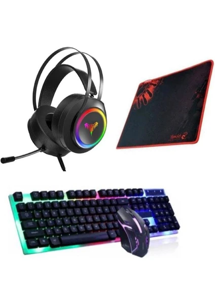 Profesyonel Oyuncu 4 In 1 Set 7.1 Kulaklık + Işıklı Klavye + Mouse + Mouse Pad