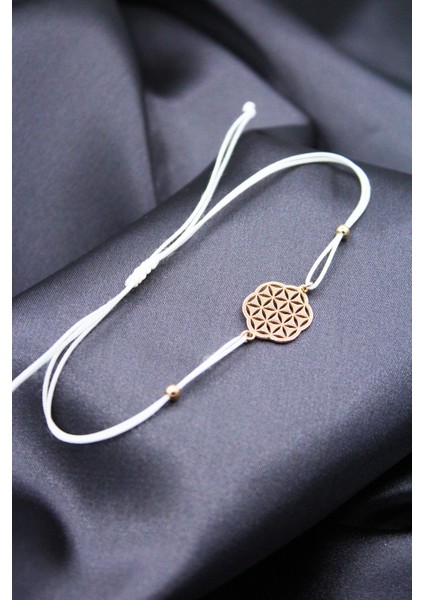 925 Ayar Gümüş Rose Beyaz Makrome Ipli Yeni Yaşam Çiçeği Bileklik