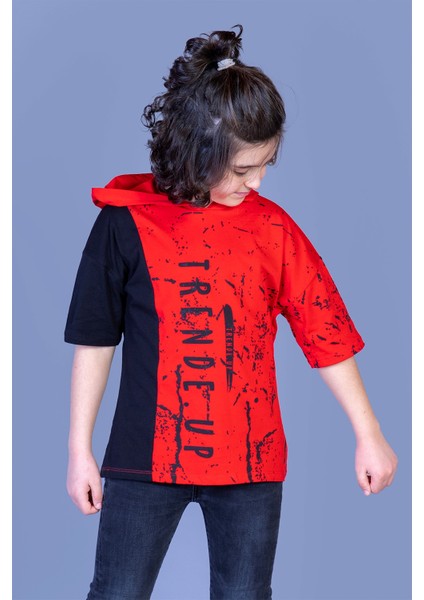 Toontoy Erkek Çocuk Kapüşonlu Garni Detaylı Baskılı Tişört