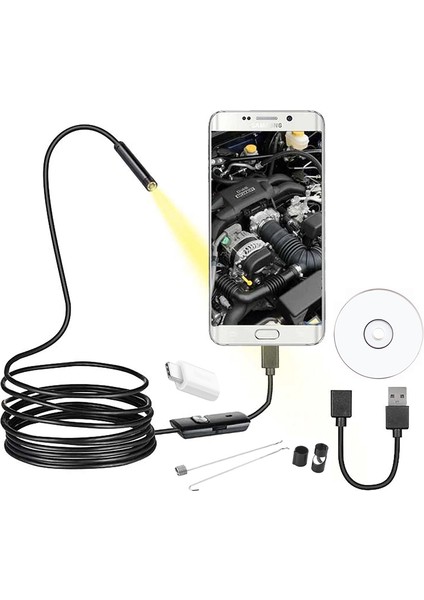 3ın1 Micro Usb+Type C+Pc 7 mm Işıklı 5 Metre Endeskop Yılan Kamera- Androıd Uyumlu