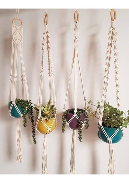 4 Lü Takım Makrome Saksılık Krem Makrome Saksılık 4 Lü Takım Saksılık