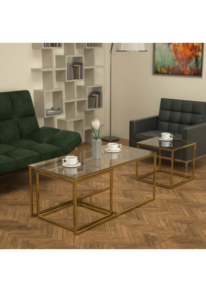 Twins Iç Içe Geçmiş Sehpa - Pirinç Ayak Şeffaf Cam Tabla