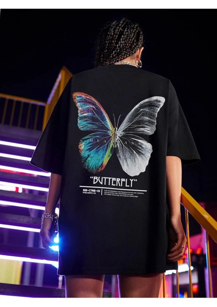 Kadın Siyah Butterfly Oversize T-Shirt