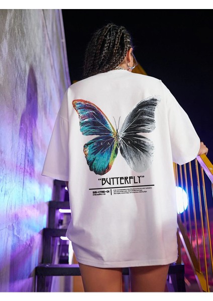 Kadın Beyaz Butterfly Oversize T-Shirt