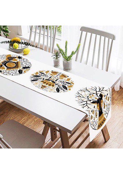 Real Homes Çini Çizimli Guguklu Saat Motifli Dijital Baskılı Dekoratif Süet Runner