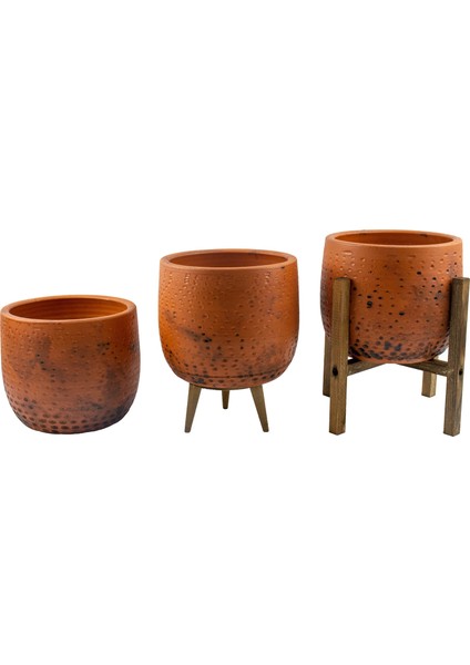 Ev Dekorasyon Aksesuar Siyah Nokta Desenli Toprak Saksı Saksılık Salon Çiçeklik Üçlü Set - 19 CM