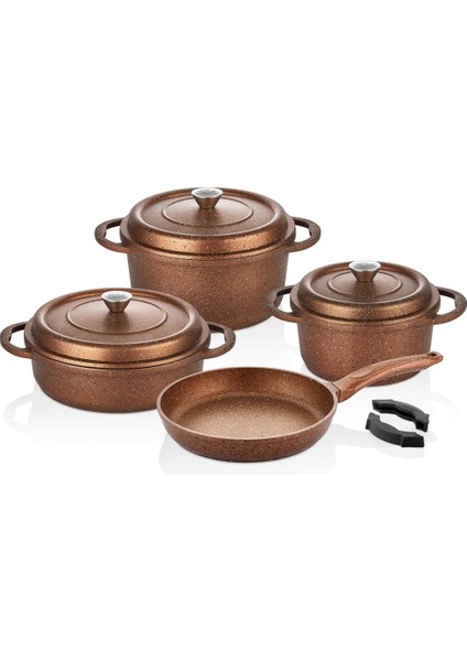 Tanem 7 Parça Döküm Alüminyum Tencere Tava Seti Kahverengi