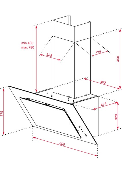 - DVT 68660 TBS BK - Duvar Tipi Davlumbaz - 698 m³/h - Inox/Siyah Cam - 60 cm - 112930039