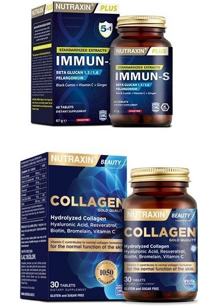 Beta Glukan Içerikli 5 In 1 Immun-S 60 Tablet+Tip 1 ve Tip 3 Hidrolize Içeren 30 Tablet