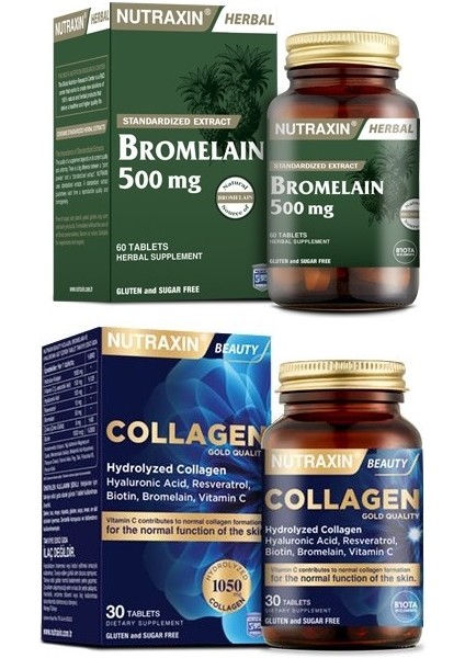 Protein Sindirim Enzimine Yardımcı Bromelaın 500 Mg 60 Tablet+Hidrolize Kolajen Içeren 30 Tablet