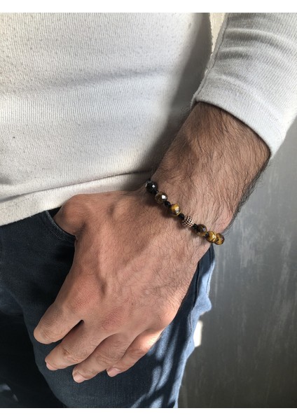 Gümüş Erkek Bileklik Kaplan Gözü Onix Taşlı