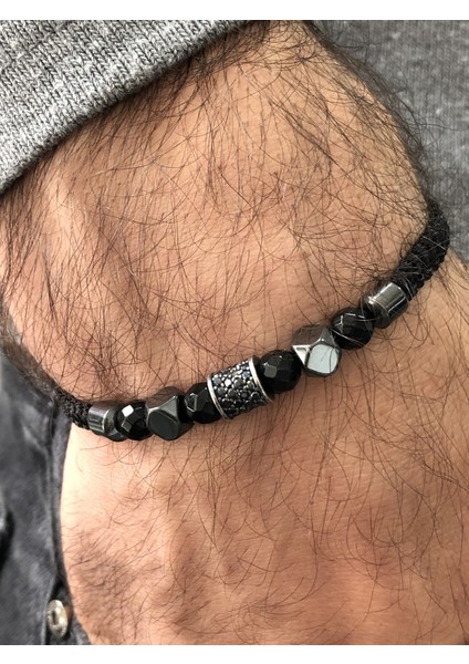 Gümüş Erkek Bileklik Hematit ve Onix Taşlı