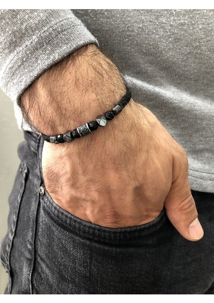 Gümüş Erkek Bileklik Hematit ve Onix Taşlı