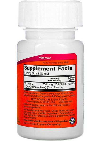 Foods, High Potency Vitamin D-3, 250 Mcg (10,000 Iu), 240 Softgels fiyatları