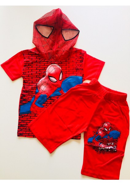 Örümcek Adam Spiderman Maskeli Kapri Şort Tshirt Eşofman Takımı Kostüm Duv