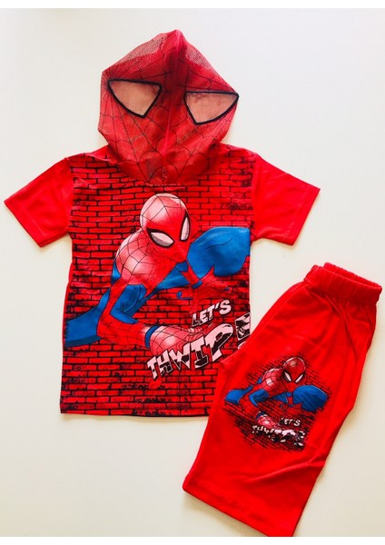 Örümcek Adam Spiderman Maskeli Kapri Şort Tshirt Eşofman Takımı Kostüm Duv