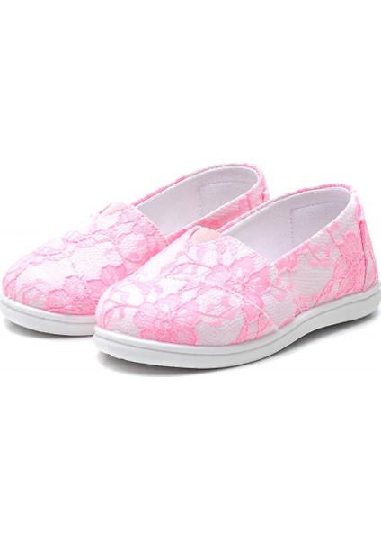 Dantelli Çocuk Keten Babet AYAKKABI-PEMBE-F-4001
