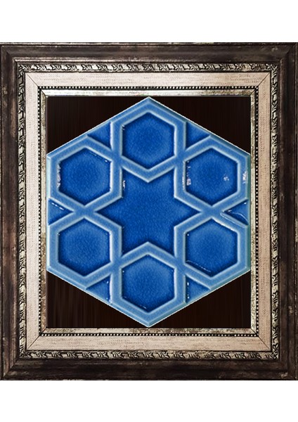 15x17 Cm Rölyefli Yıldız Kobalt Altıgen Çini Pano