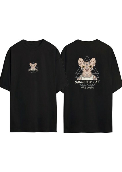 Unisex Gangster Cat Siyah Oversize Tshirt