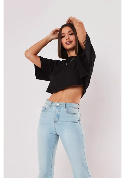 Siyah %100 Pamuk Bisiklet Yaka Crop T-Shirt fiyatları