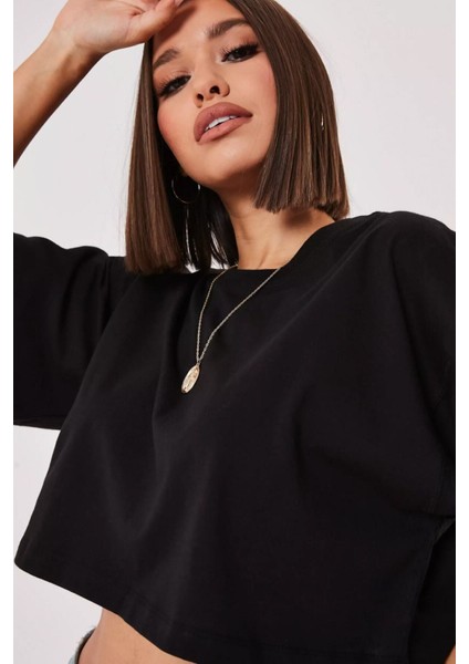 Siyah %100 Pamuk Bisiklet Yaka Crop T-Shirt modelleri